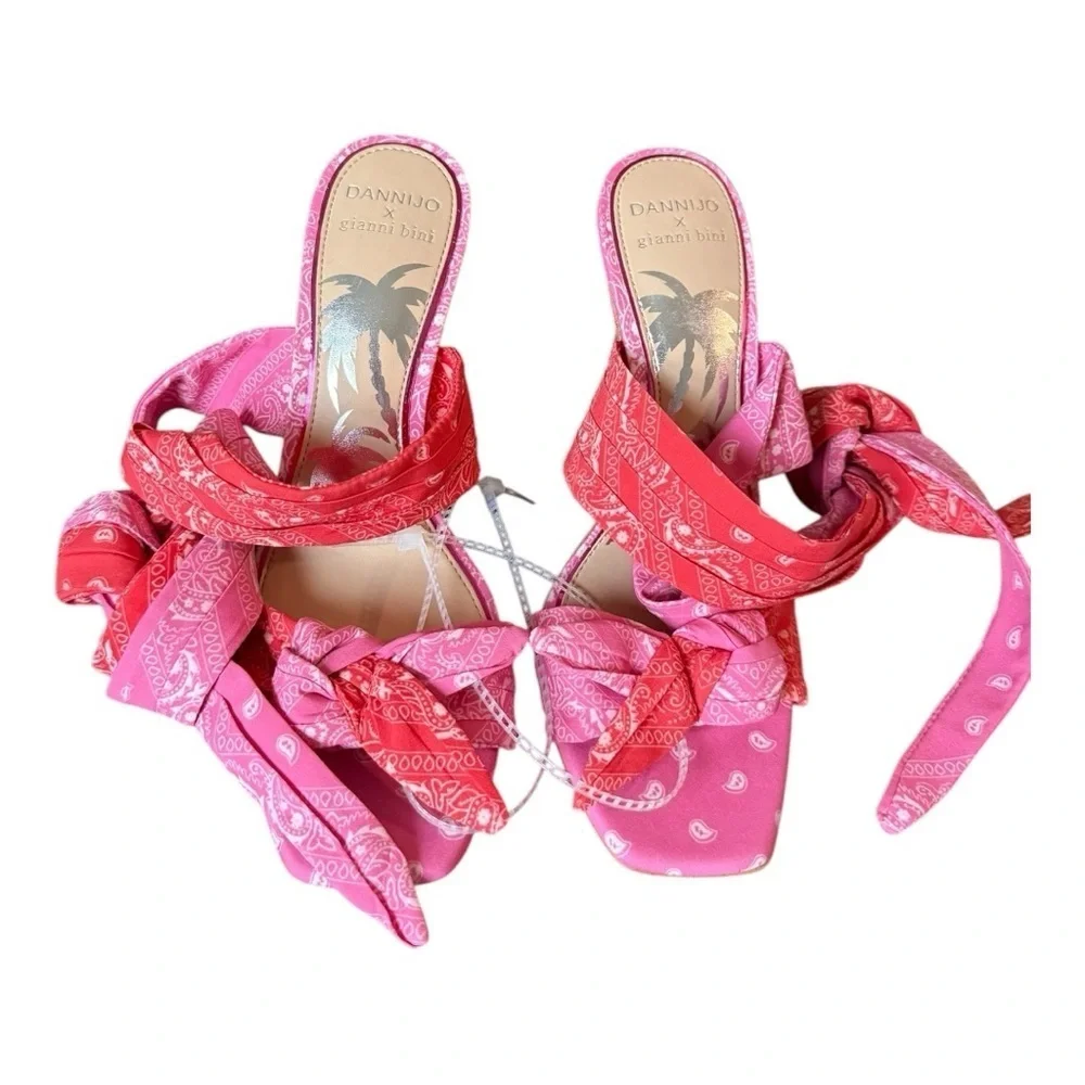 DANNIJO‎ X GB Ankle Wrap Pink Bandana Colorblock Bow Sandals 8 Tropical Vacay